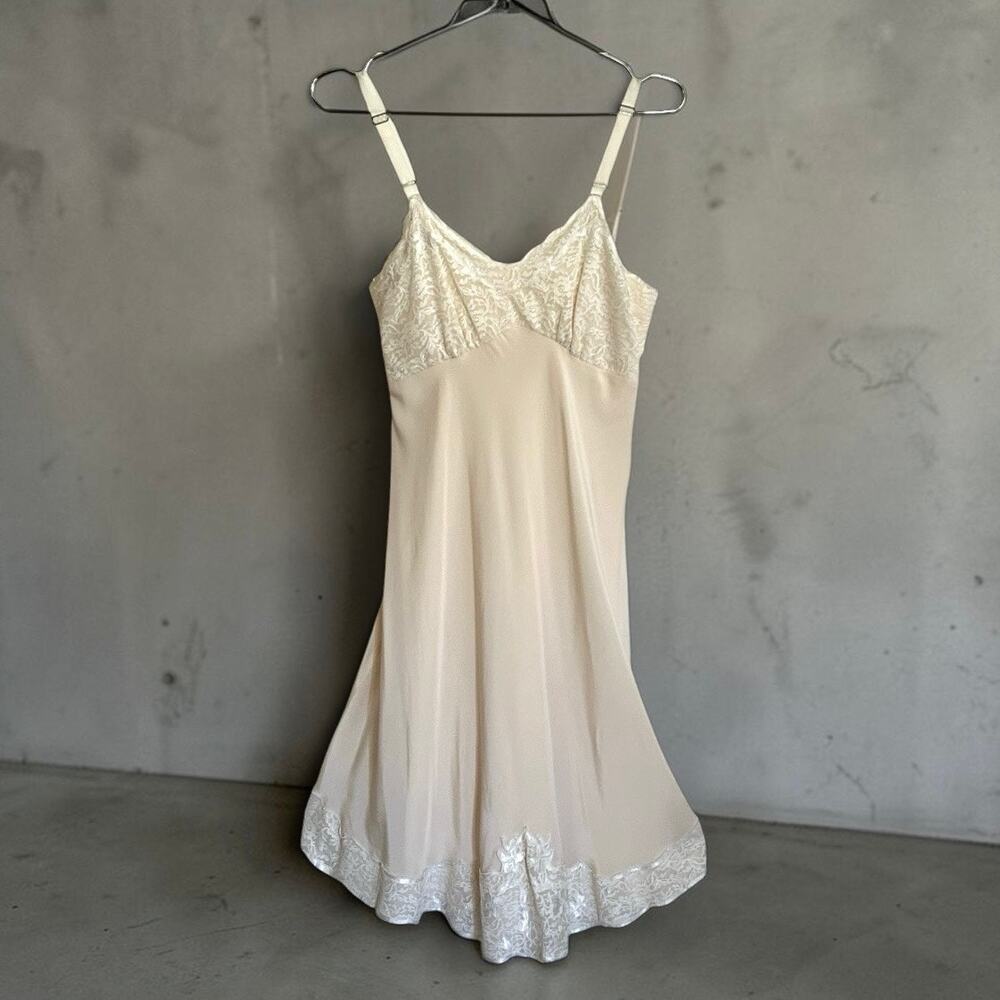 Vintage 1950s Silk Slip Dress Double Layer, Lace Hem